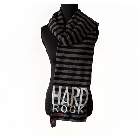 Hard Rock Cafe Striped Scarf Gray Black Unisex Winter Autumn Grunge Music NWT - Picture 1 of 9